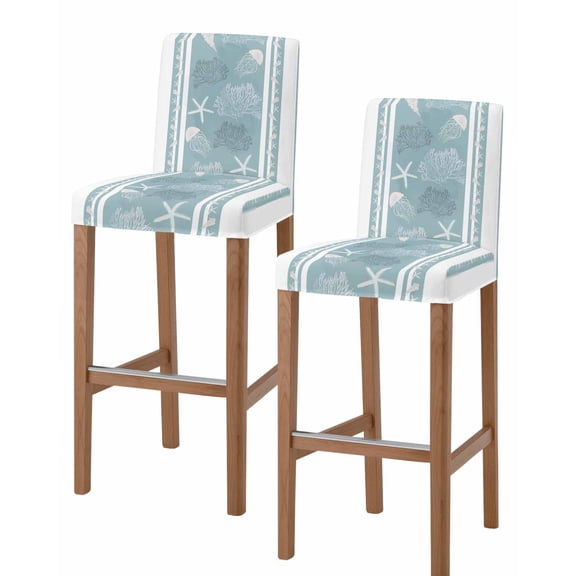 Blue Coastal Bar Stool Covers Set of 2, Nautical Beach Summer Sea Starfish Coral Stretch Washable Bar Chair Covers with Backs, Removable Pub Counter Height Chair Cover for Kitchen Dining Room Cafe