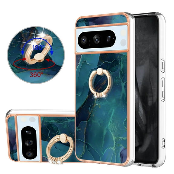 TECH CIRCLE For Google Pixel 8 Pro Case,360 Rotatable Marble Pattern Shiny Ring Holder Kickstand Soft TPU Girls Women Case Shockproof Protective Phone Case for Google Pixel 8 Pro 6.7" 2023,Green