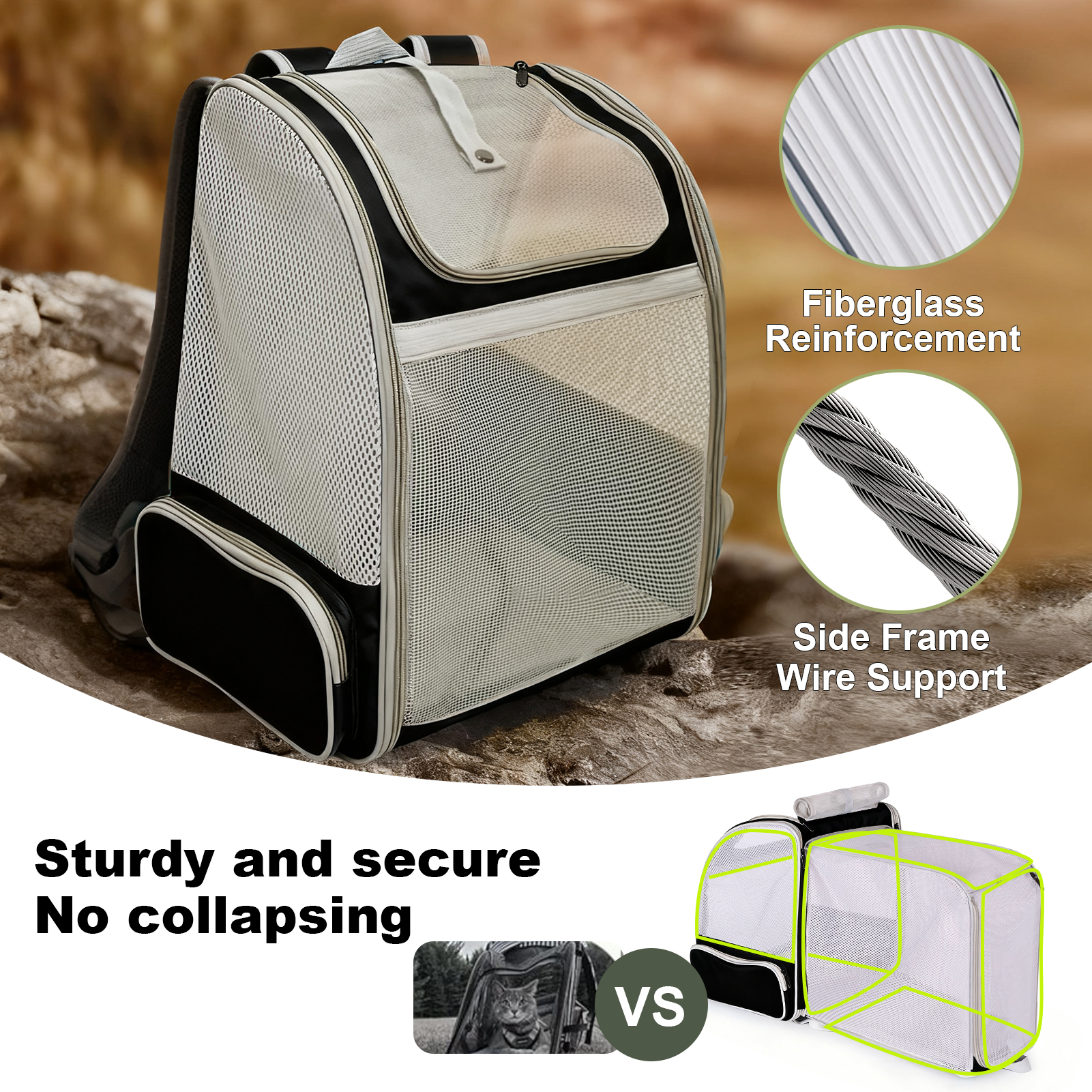 Breathable Cat Backpack Carrier, Fully Ventilation Rear Expandable Pet Carry Bag for 16 lbs Small Puppy Rabbit Bunny, Collapsible Airline Approved Kitten Travel Carrier Cage for Vet Visit