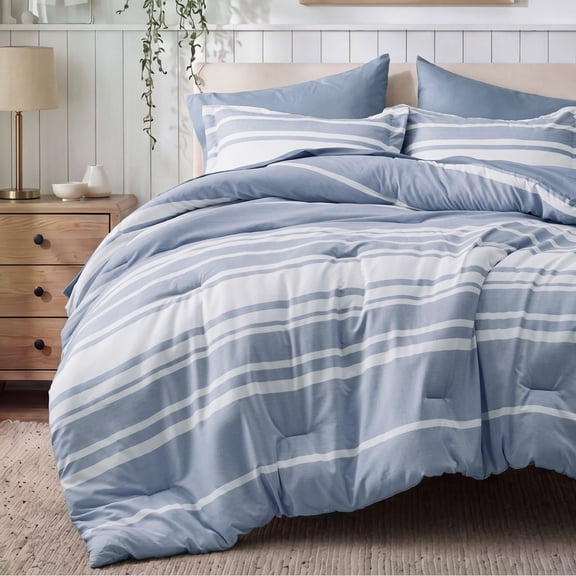 U by Bedsure Queen Comforter Set Blue, 7 Pieces Reversible Bed in a Bag, Striped Bedding Set, All-Season