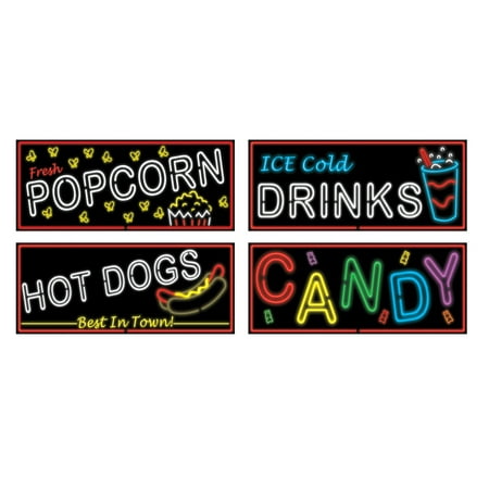 Set Of 4 Movie Night Neon Food Sign Cutouts 18" Party Decorations