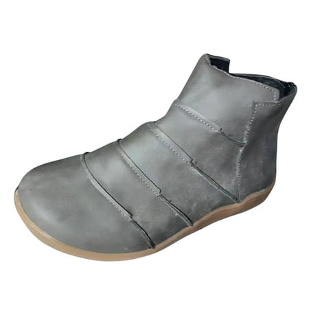 

Women s Winter Fashion Flat Vintage Pleated Round Toe Slip On Ankle Boots