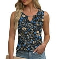 thumbnail image 3 of JTZGDY Tank Tops for Women Cute Summer Floral Print Sleeveless Ruched Pleated Keyhole Cutout Tunic Blouse Trendy Cozy Graphic Cami Shirts Black#02 XL, 3 of 7