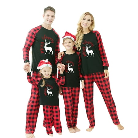 

Amuver Family Pajama Sets Sleepwear 0-11Y Matching Christmas Pajamas Family Long Sleeve Elk Graphic Tops and Plaid Trousers Set Pants