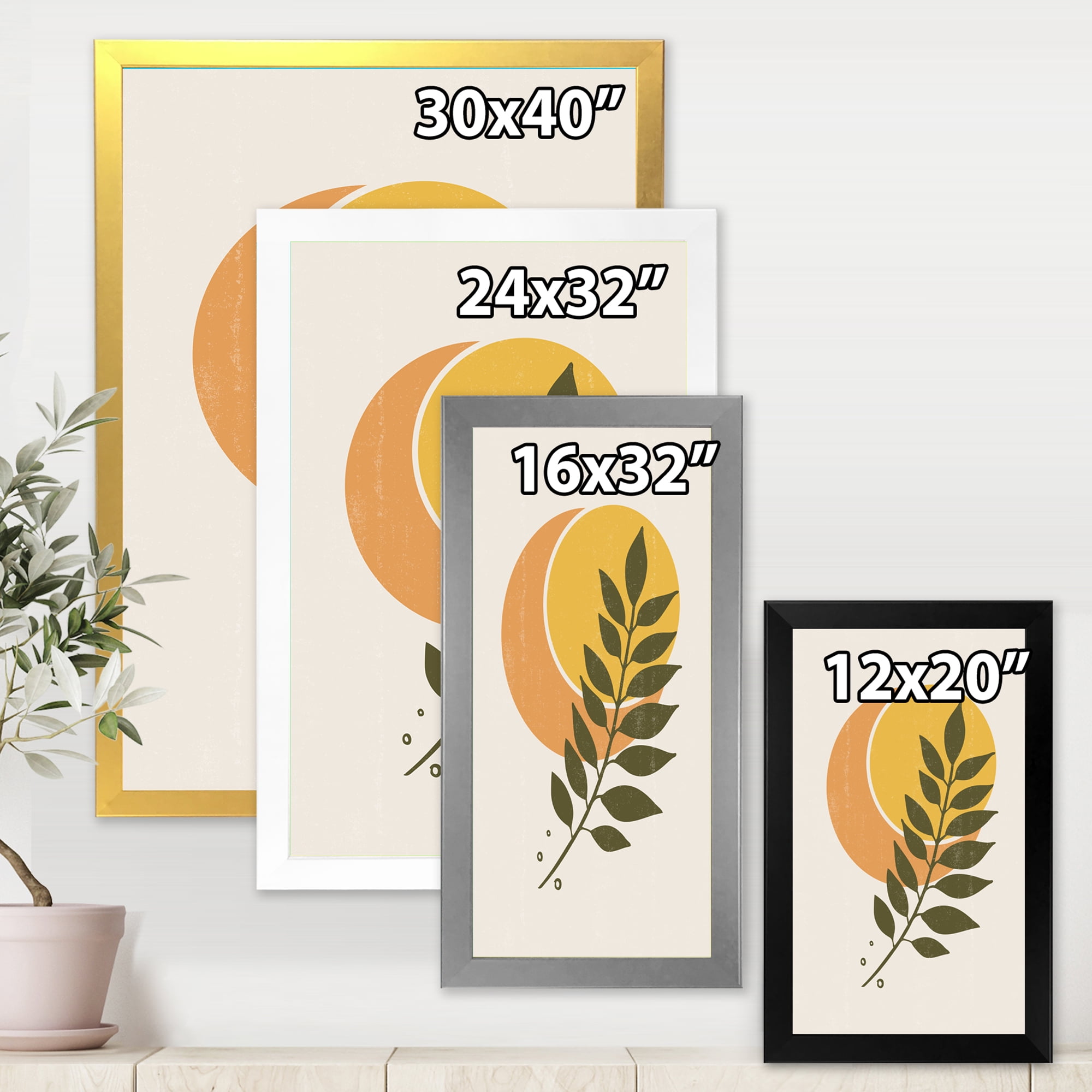 Designart 'Abstract Geometrical Moon and Sun With Leaf V' Modern Framed Art Print