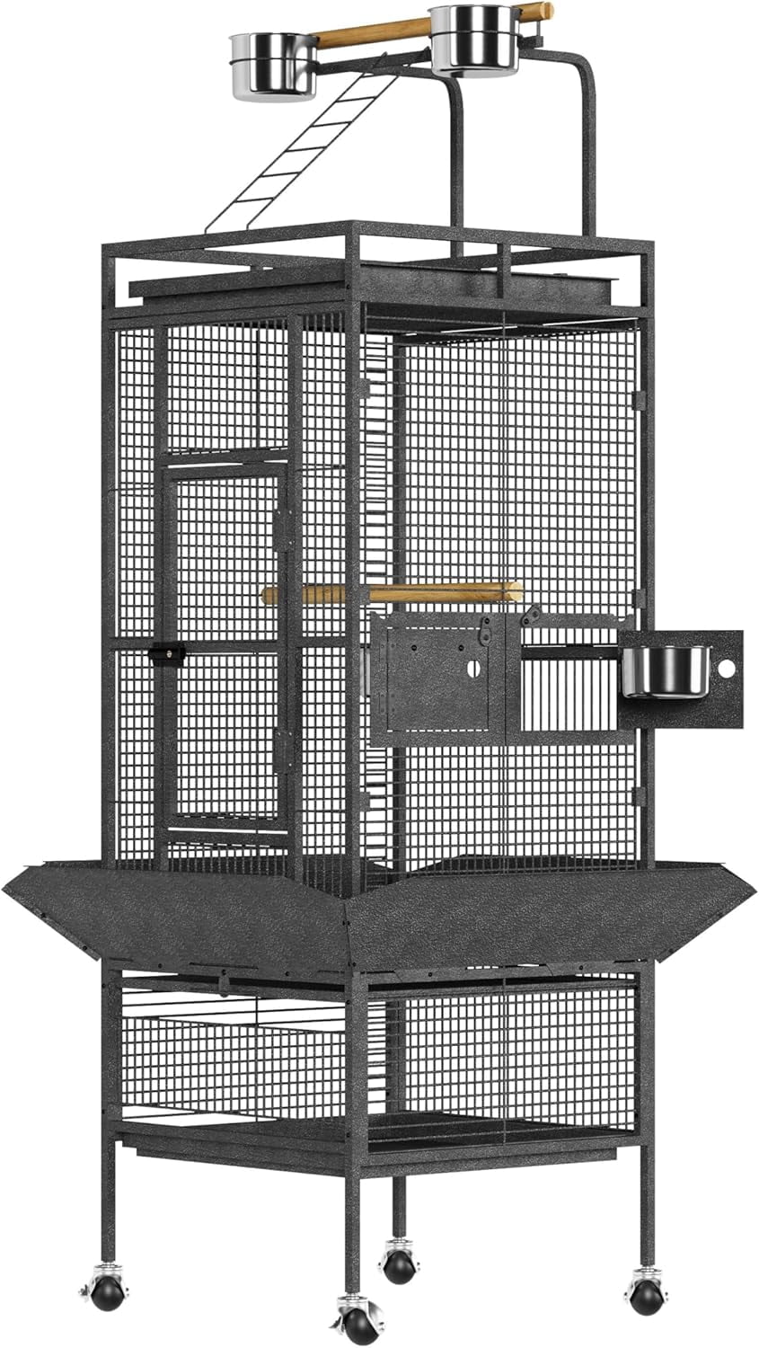 61" Large Metal Bird Flight Cage with Rolling Stand, Play Top, and Feed Bowls – Durable Indoor Cage for Parakeets, Conures, Black