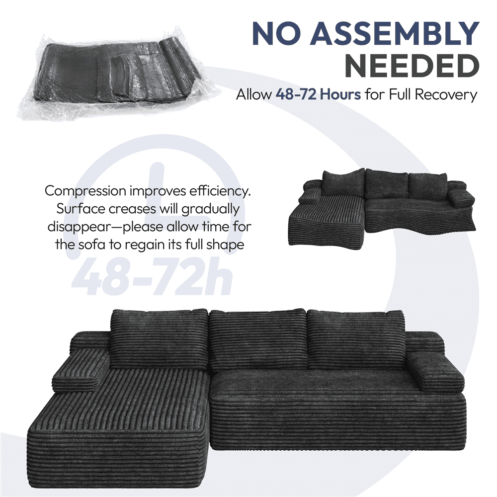 Renwick 110" Free Assembly L-Shaped Cloud Couch, Corduroy Sectional Sofa with 2 Armrests & 3 Detachable Pillows for Livingroom, Dark Gray