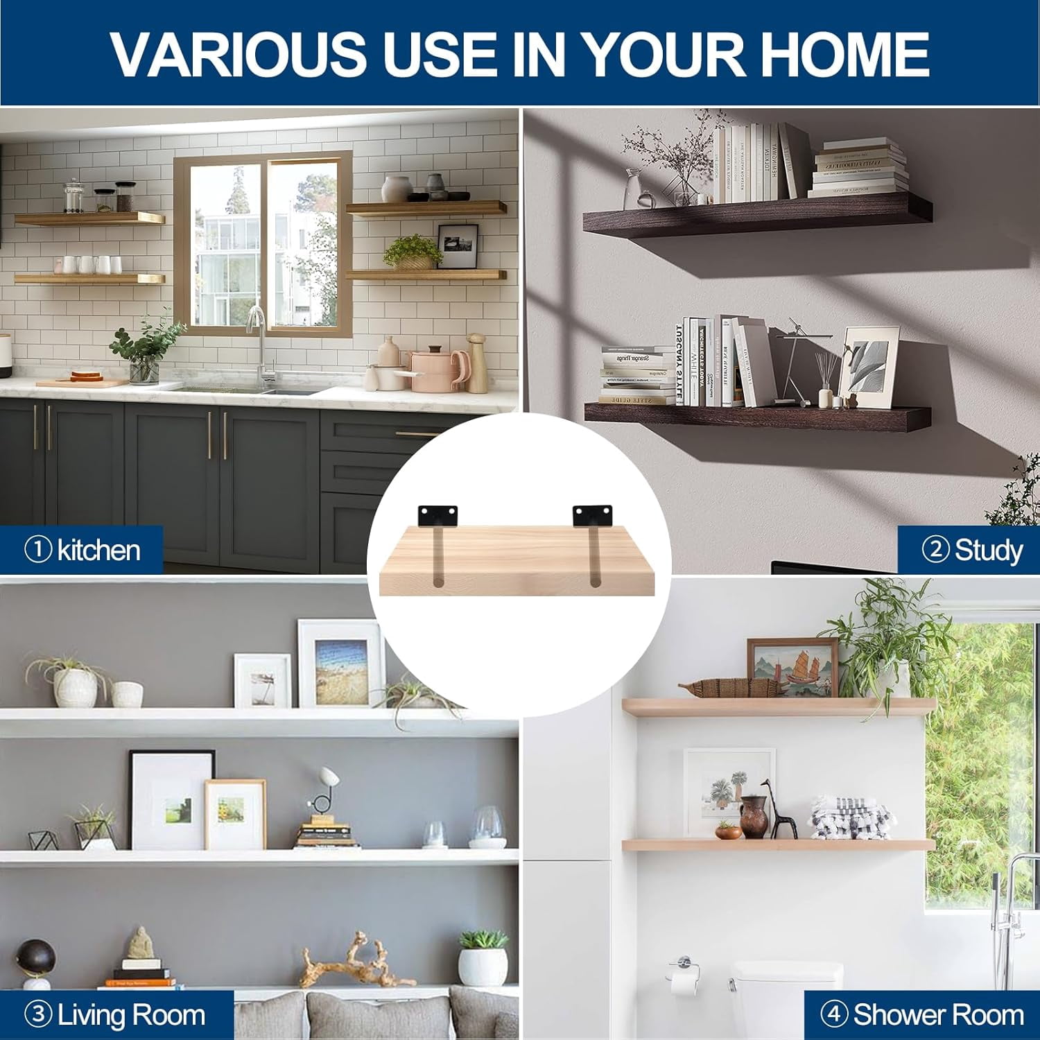 8 Pcs 8" Black Solid Steel Floating Shelf Bracket Blind Shelf Supports - Hidden Brackets for Floating Wood Shelves - Concealed Blind Shelf Support – Screws and Wall Plugs Included