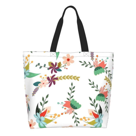 Pofeuu Pretty Floral With Leaves Print Reusable Grocery Bags - Washable, Foldable, Packable Tote, Large Handles, Heavy Duty, Zippered Top Pouch