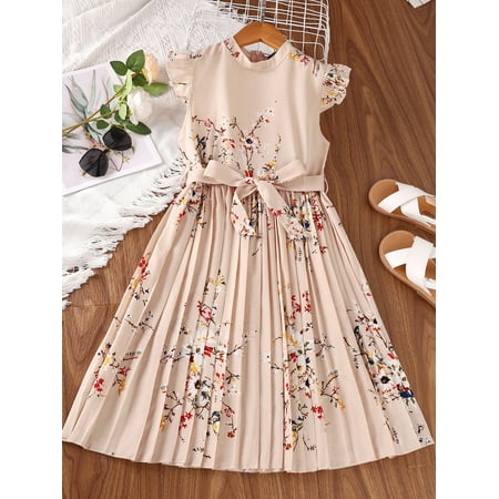 

Sleeveless Girls Floral Print Ruffle Trim Pleated Belted Dress Skirts S221905X Dusty Pink 130(7-8Y)