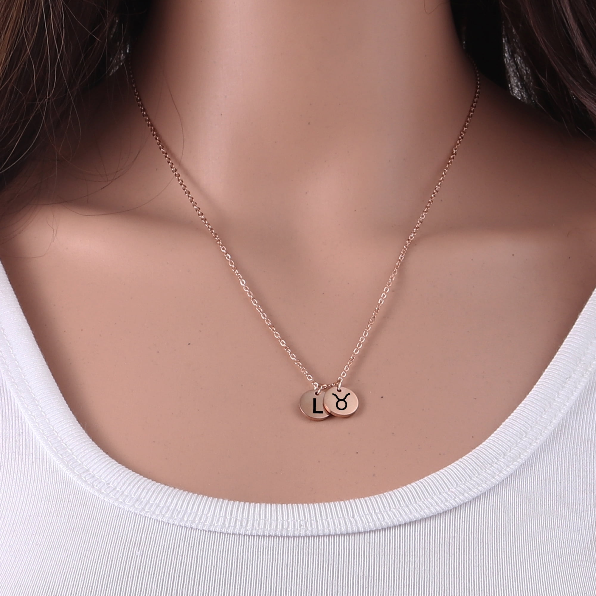Anavia Stainless Steel Personalized Round Constellation Initial Necklace - Engraved Zodiac Symbol Jewelry Chain 18 inch
