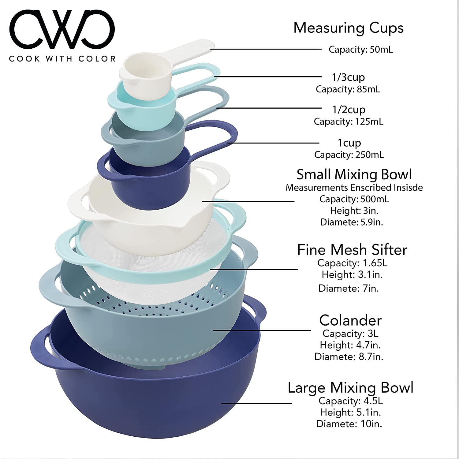 Cheap PDTO Plastic Mixing Bowl Set with Colander Sifter Measuring Cups for  Kitchen Baking