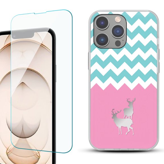 Slim-Fit Gel TPU Phone Case for iPhone 14 Pro, with Tempered Glass Screen Protector, by OneToughShield ® - Chevron/Teal/Deer