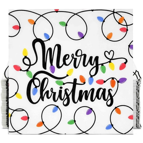 100 Pcs Serviettes de Cocktail de Noël Joyeux Noël Serviettes de Boisson en Papier Jetables Guirlandes Lumineuses Décorations de Fête