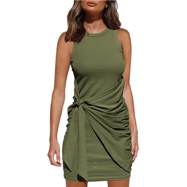 Robe Débardeur Sans Manches à Col Rond pour Femmes, Ceinture à Nouer, Robe Mini Moulante Froncée