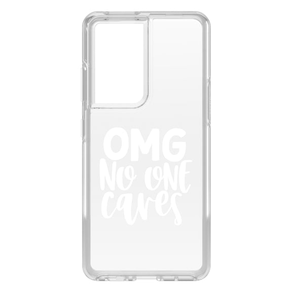 DistinctInk Clear Shockproof Hybrid Case for Galaxy S21 ULTRA 5G (6.8" Screen) - TPU Bumper Acrylic Back Tempered Glass Screen Protector - OMG No One Cares - White