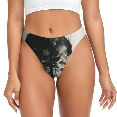 Qokaie Double Exposure Cat Forest Printed Women s Cotton Thong Underwear  Sexy Breathable Panties G-string-Small