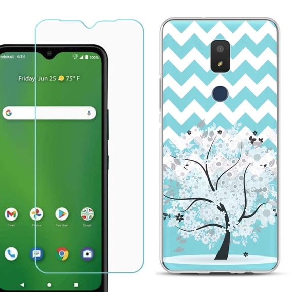 Slim-Fit TPU Fashion Phone Case for Cricket Icon 3, with Tempered Glass Screen Protector, by OneToughShield ® - Chevron/Tree