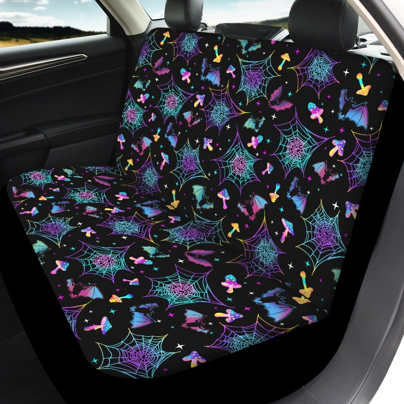 Renewold Bat Mushroom Spider Web Car Seat Covers Full Set for Front Rear Seats, Washable Breathable Soft Halloween Auto Interior Decor Accessories