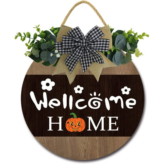 Eveokoki 12" Welcome Pumpkin Funny Signs Home for Front Door Farmhouse Porch Rustic Round Wooden Hanging Wreaths for Housewarming Gift Halloween Festival Decoration Outdoor Indoor Wall Decor