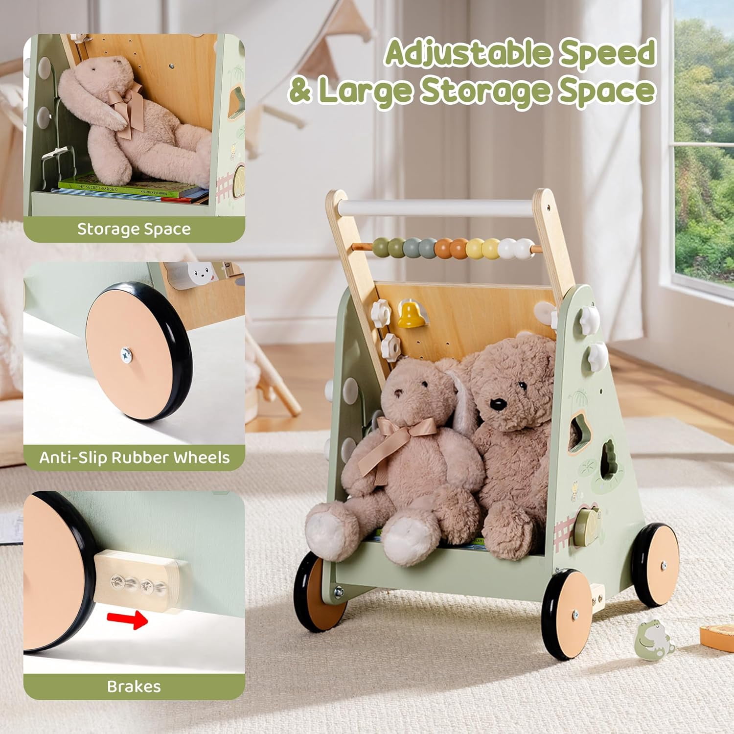 Robud Wooden Baby Walker, with Wheels, Montessori Push Toys for Babies 10M+ Learning to Walk, Baby Walkers Activity Center for Boys and Girls, Green, Forest Fairy Tale