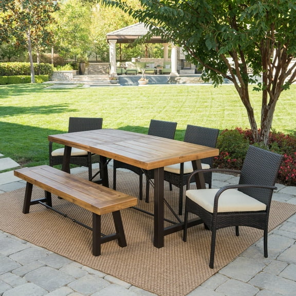 Gatlin Outdoor 6-Piece Acacia Wood Dining Set with Wicker Dining Chairs and Cushions, Teak, Rustic Metal, Multi-Brown, Creme