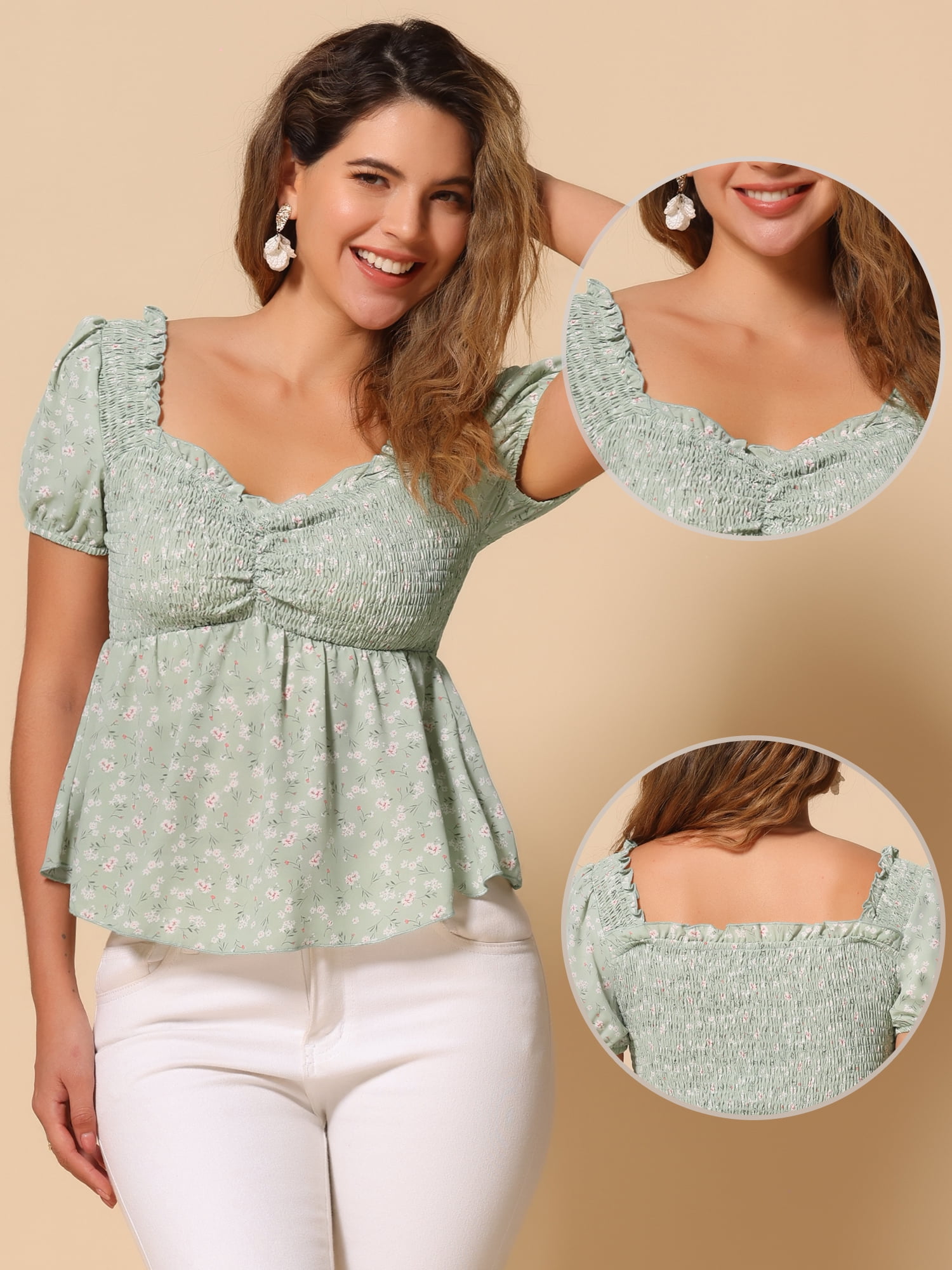 DARING DIVA Women's Puff Sleeve Floral Sweetheart Neck Ruffle Peplum Top M Light Green