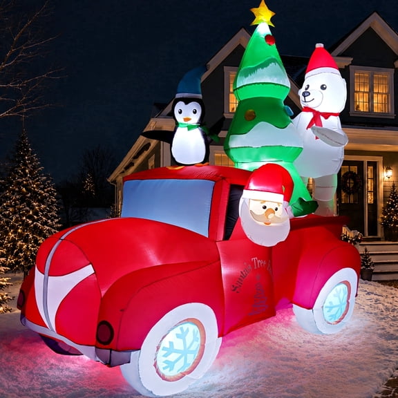 Goosiay 8 ft Outdoor Christmas Inflatable with Santa, Penguin, Polar Bear and Red Car, Built-in LED Lights for Yard, Lawn and Garden