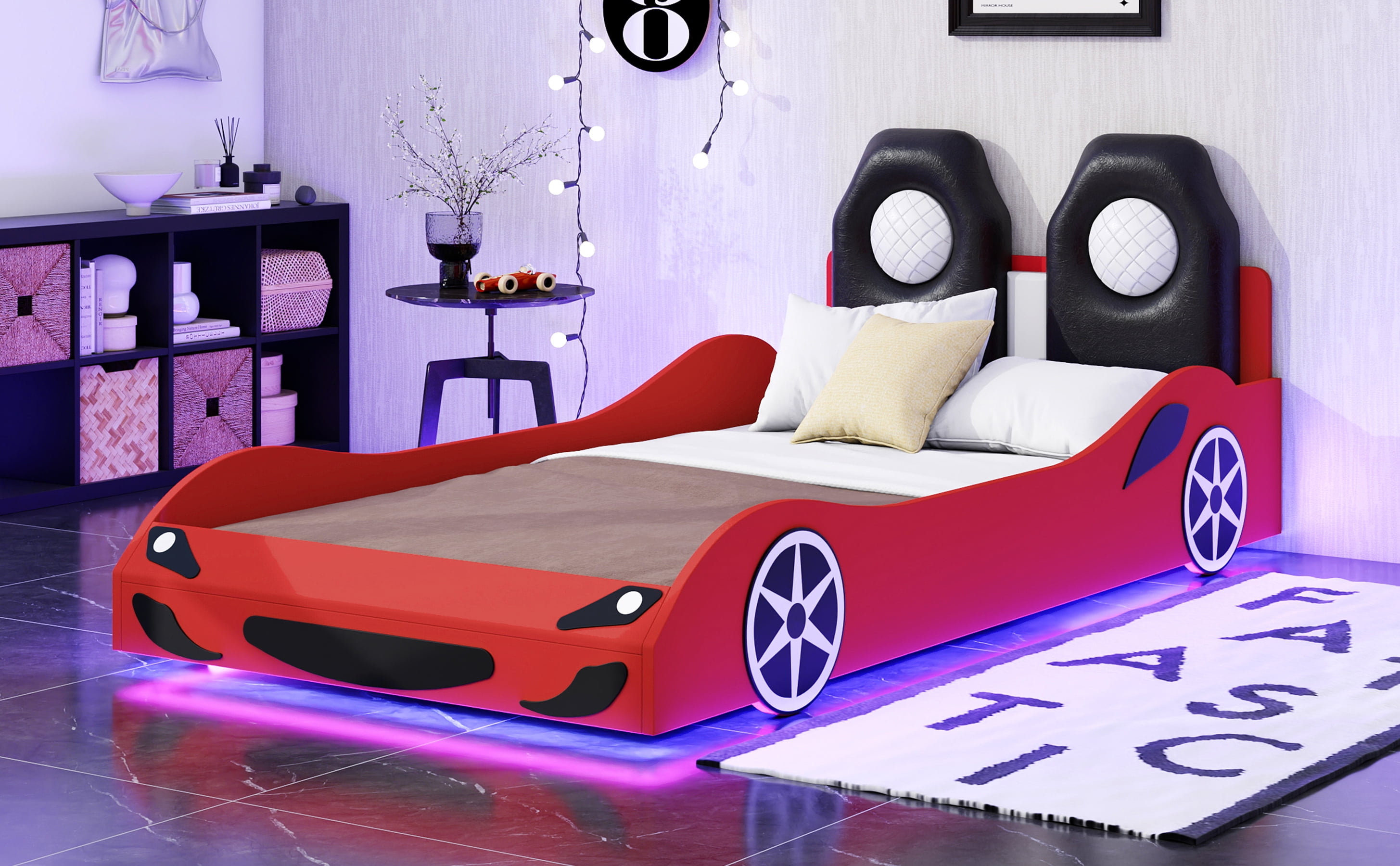 Wood Twin Size Race Car-Shaped Platform Bed with LED and Upholstered Backrest, Red