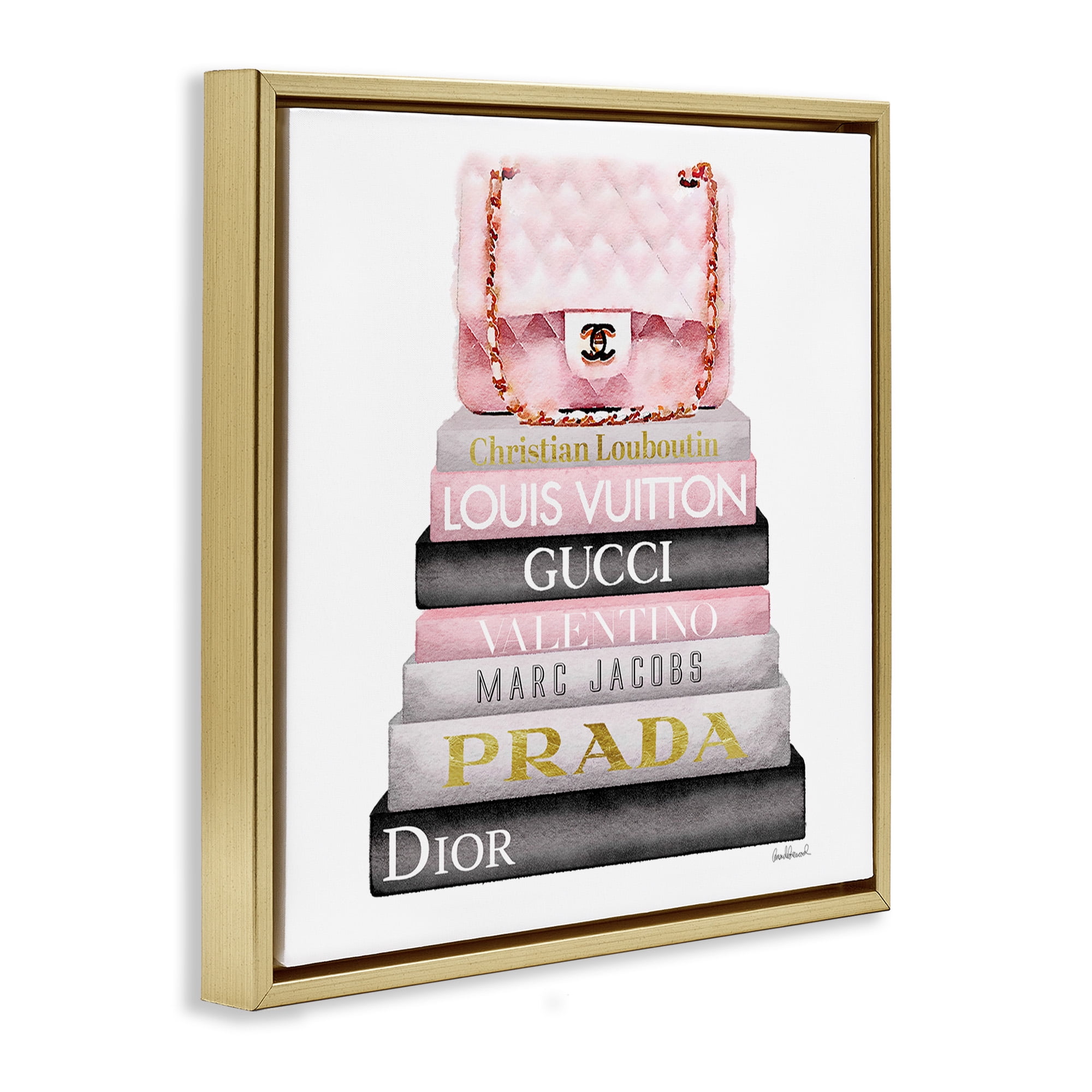 Stupell Industries Watercolor High Fashion Bookstack Beauty & Fashion Painting Gold Floater Framed Canvas Art Print Wall Art, 25 x 25
