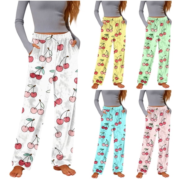 FRSASU Womens Fuzzy Pajama Pants – Soft Cherry Print Bottoms with Pockets, Cozy Fleece Lounge Sleepwear Pants Yellow