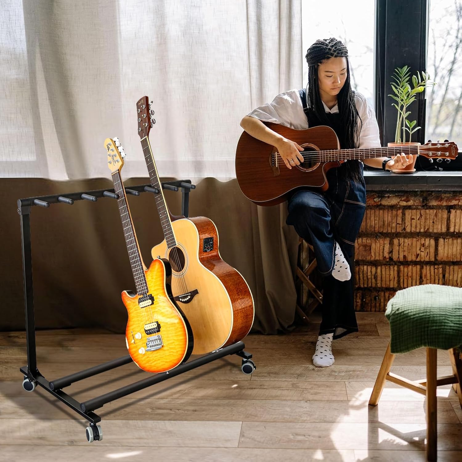 Soonbuy Multi Guitar Stand Rack With Wheels, Foldable Guitar Stand Display Rack With No-Slip Rubber Padding, Storage Rack for Home Band Stage Bass Acoustic Electric Studio Use, Black