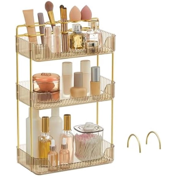 Makeup Organizer, 3-Tier Skincare Organizer Countertop, Customizable, 2 Types of Accessories, Jewelry Holder, for Vanity, Bedroom, Bathroom, Champagne Gold UJKA013A01