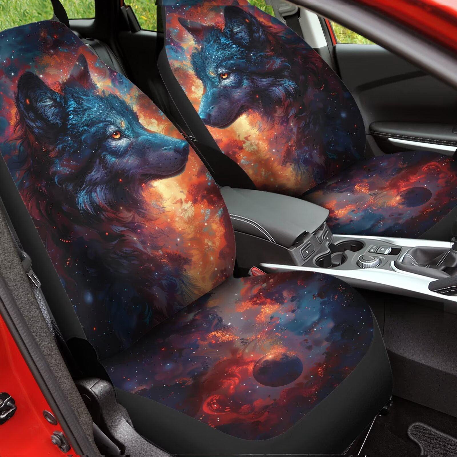 Showudesigns Galaxy Purple Wolf Print Car Seat Covers - Universal Fit 2-Piece Front Seat Protectors
