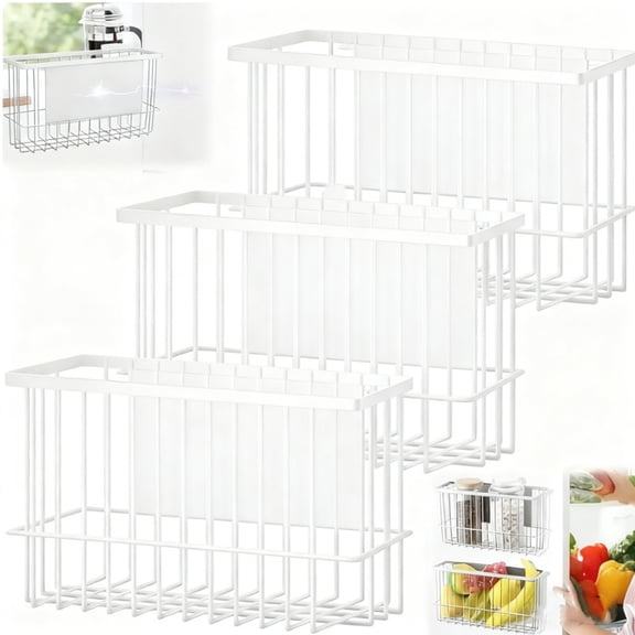 White magnetic metal basket storage rack, versatile storage for kitchens and bathrooms, can hold up to 14 lbs, easily attaches to refrigerators or washing machines on any magnetic surface. (1 piece)