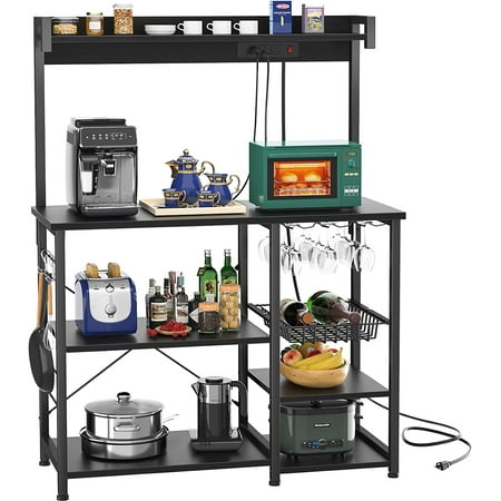 

fangbisou Bakers Rack with Power Outlet Microwave Stand Kitchen Storage Shelf with Wire Basket Coffee Bar Station with Wine Glass Holder 35.4 Kitchen Rack for Spices Pots and P
