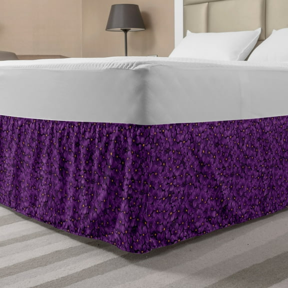 Floral Bed Skirt, Ornamental Pattern of Plenitude Blooming Lilac and Yellowish Stamens Scene, Elastic Bedskirt Dust Ruffle Wrap Around for Bedding Decor, 4 Sizes, Purple and Marigold, by Ambesonne