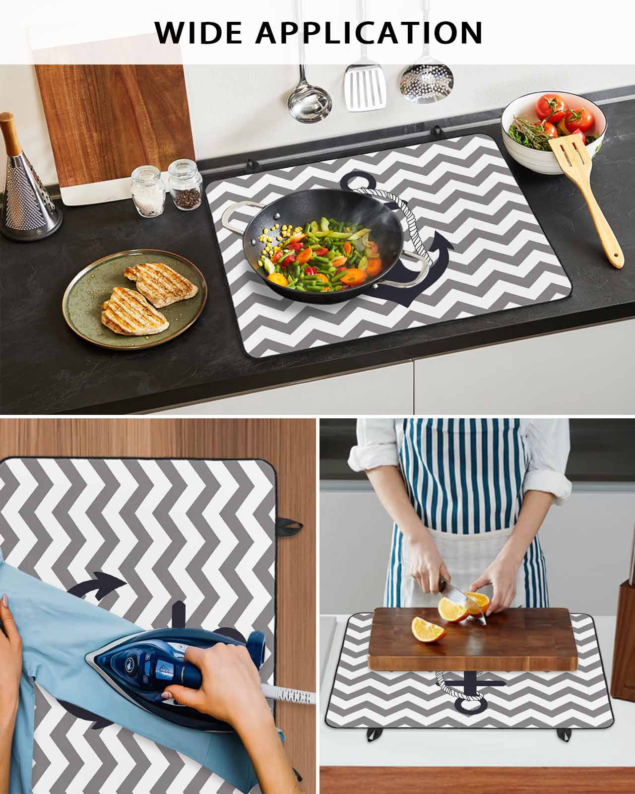 nqOlkjepod Large Induction Cooktop Protector Mat 24"x21", Grey Zigzag Stove Top Covers for Electric Stove, Coastal Nautical Anchor Stripes Decorative Stove Burner Cover Mats, Glass Top Stove Cover
