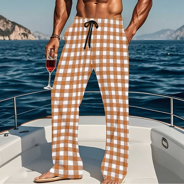 Pantalones de pijama largos para hombre, informales, con estampado a cuadros, holgados, deportivos, elásticos, rectos, vintage, con bolsillos