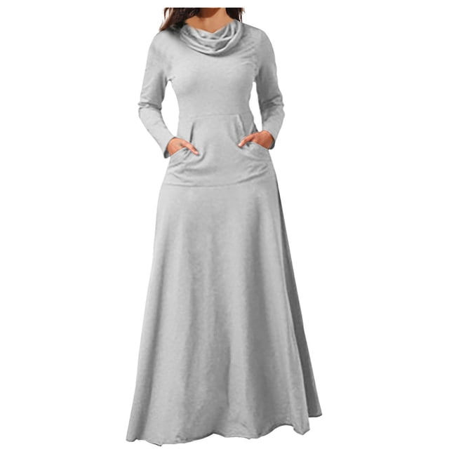 KIHOUT Robe Maxi Femme Couleur Unie Col Haut Manches Longues Patchwork Poches Grand Ourlet Longue Jupe