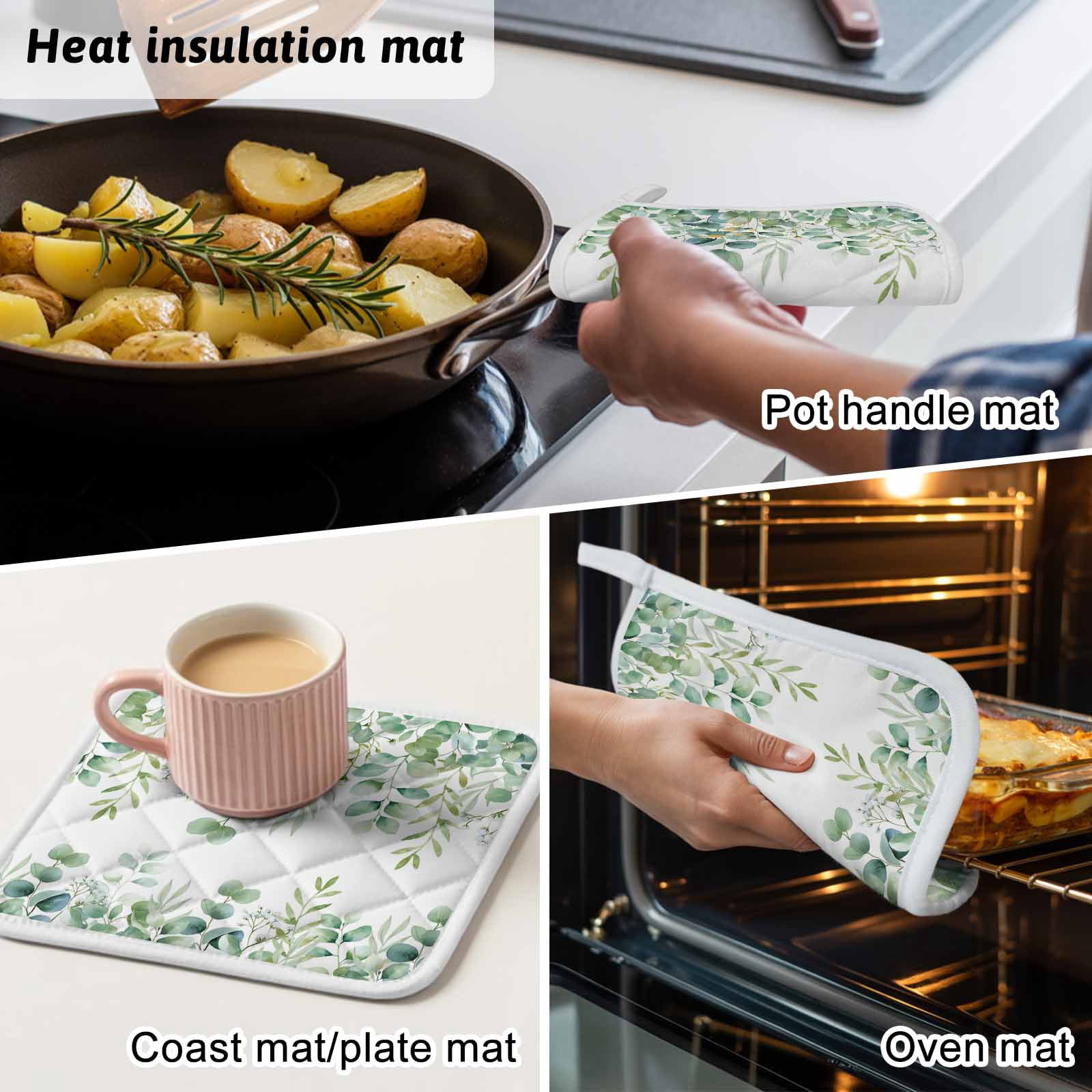 Sage Green Eucalyptus Leaves Pot Holders for Kitchen Heatproof Potholder, 4 Pack Spring Summer Botanical Hot Pads Multipurpose Oven Pads Cloth Potholders Trivet for Cooking and Baking