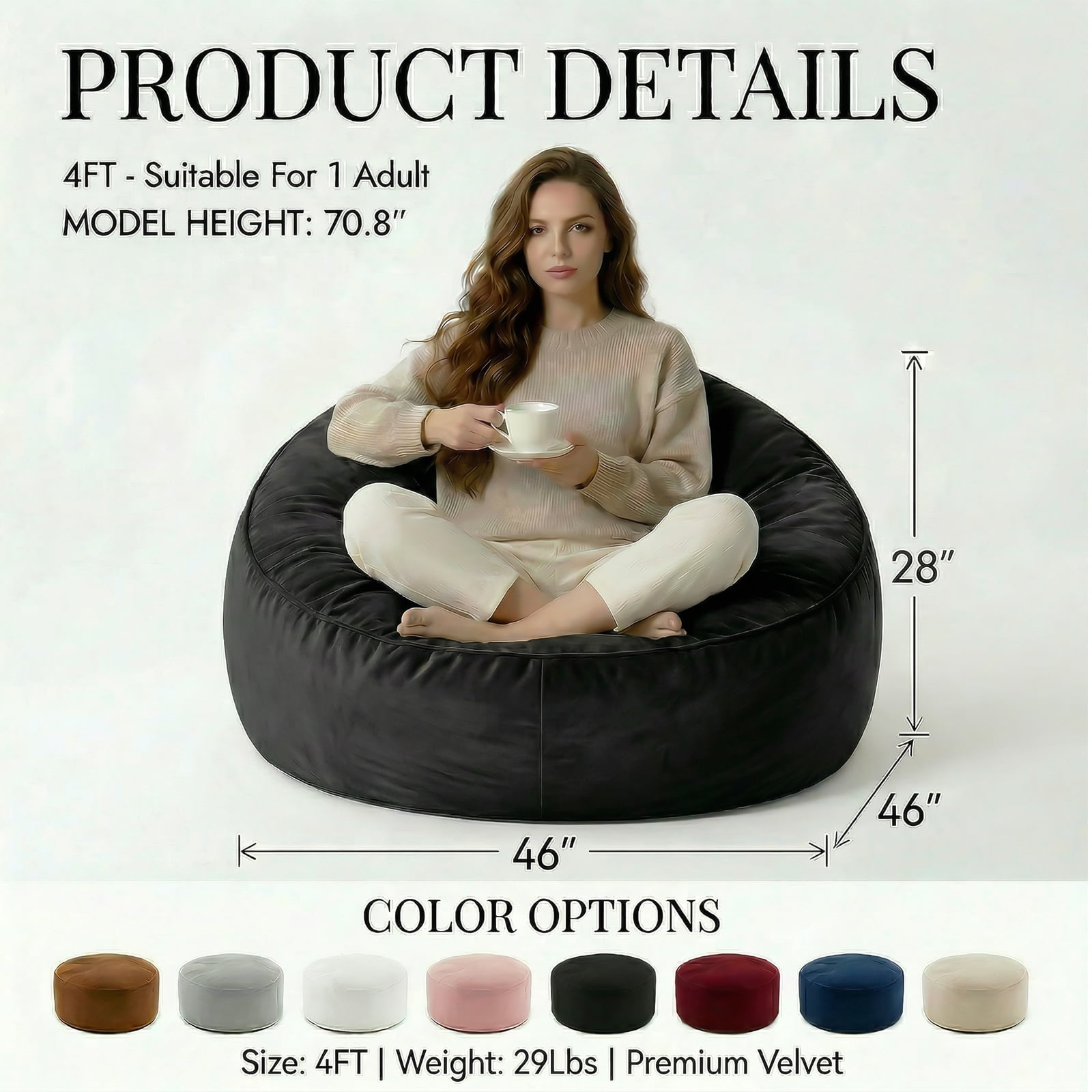 VIREO 4FT Bean Bag Chairs for Adults Memory Foam Filler Beanbag Chair with Removable and Washable Flannel Cover, Lazy Chairs for Living Room - Black