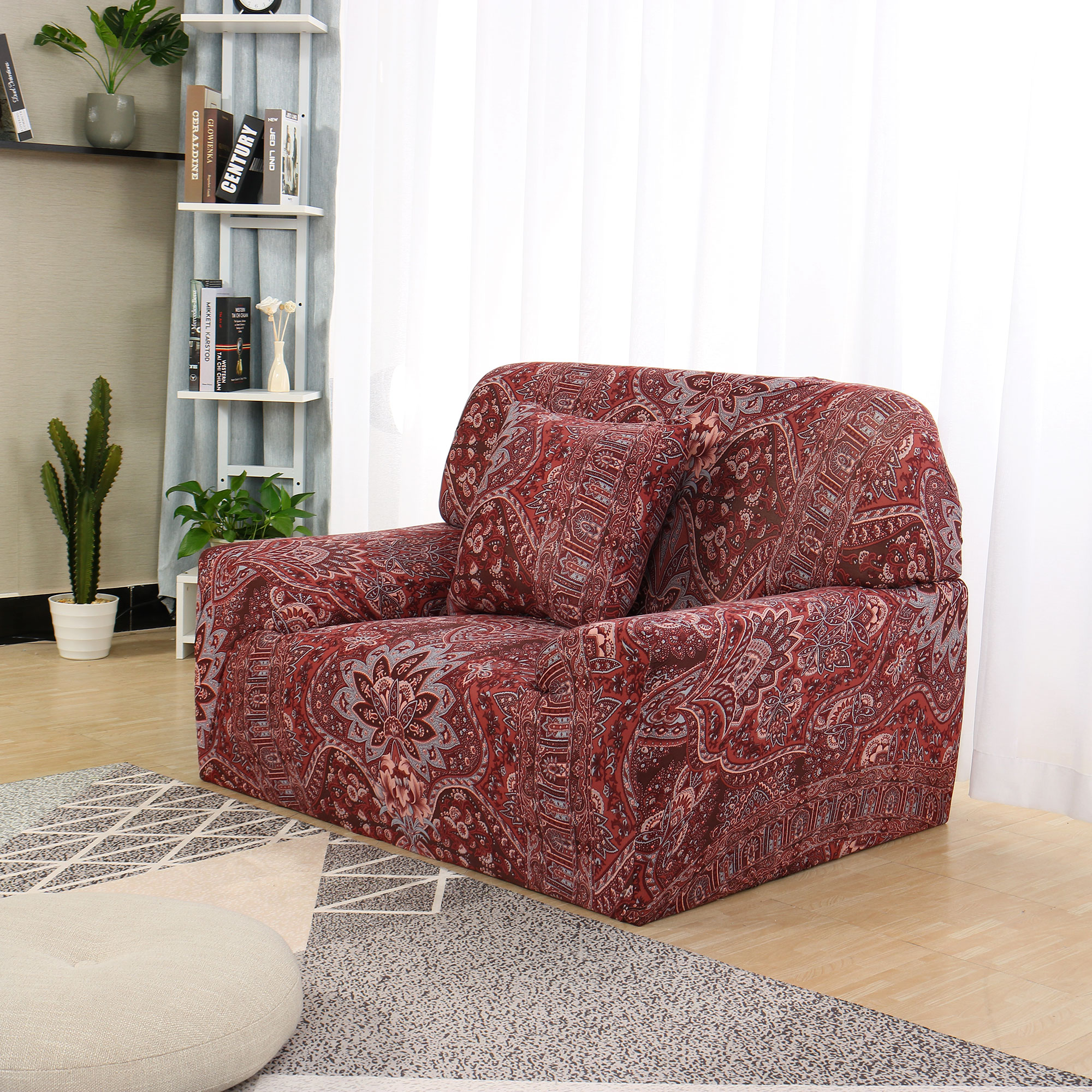PiccoCasa Floral Stretch 1 Seater Slipcover Sofa Covers, Wine Red 35x55