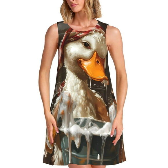 Vsdgher Cartoon Scottish Duck Print Summer Dresses for Women Casual U Neck Beach Dress Sleeveless Tank Loose Sundress with Pocket