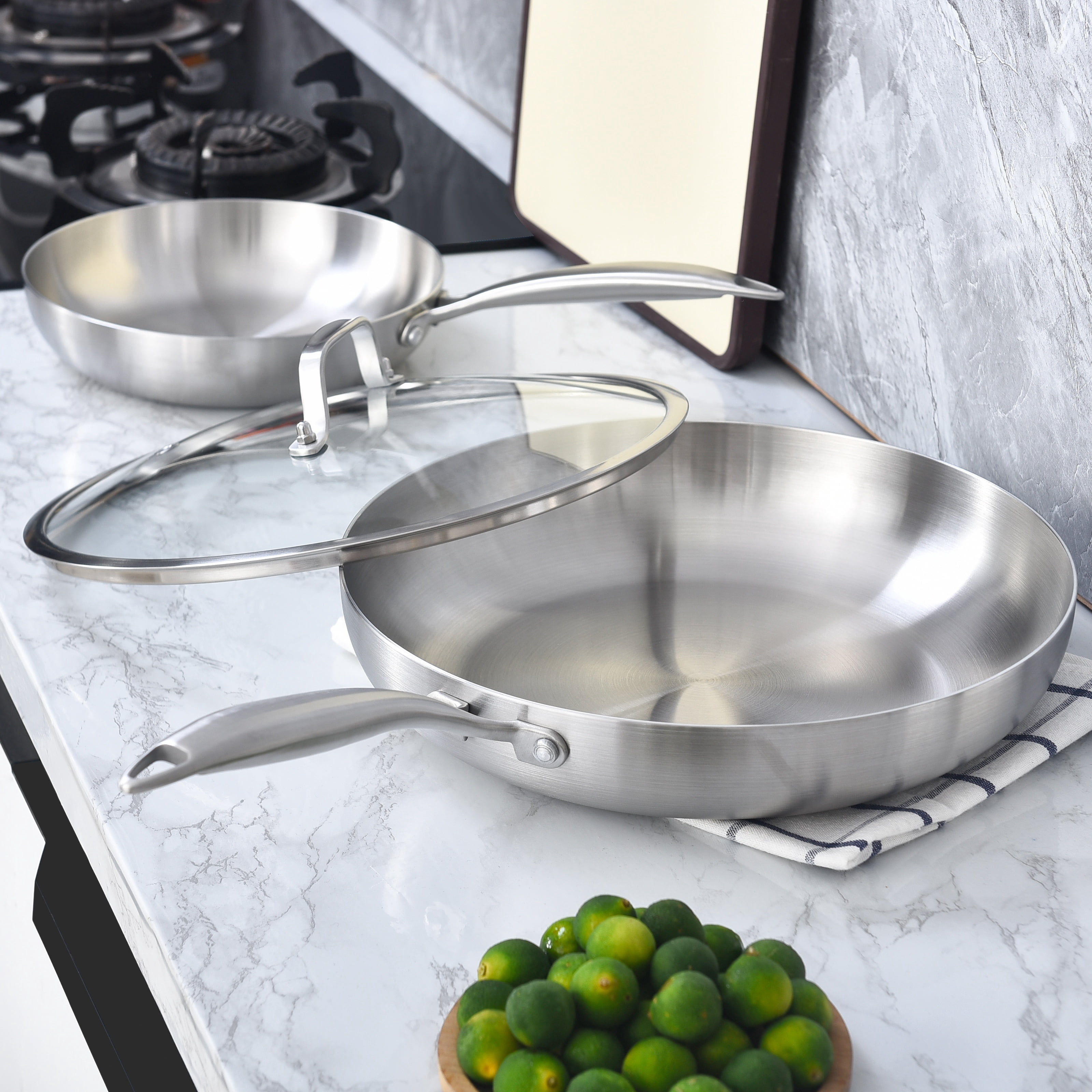 LOLYKITCH Tri-ply Stainless Steel Frying Pan Set with a Lid,8.5-10 inch Skillets,Induction Cooking Pan,Dishwasher and Oven Safe,Rivet Handle.