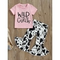 thumbnail image 2 of Suealasg Little Girls Summer Outfits 1T 2T 3T 4T 5T Kids Girls Short Sleeve Letter Print Tops Cow Print Flared Pants Sets Toddler Girls Pants Sets, 2 of 7