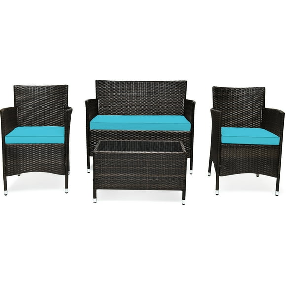 Patiojoy 4PCS Patio Rattan Wicker Furniture Set Sofa Chair Table Set w Turquoise Cushions