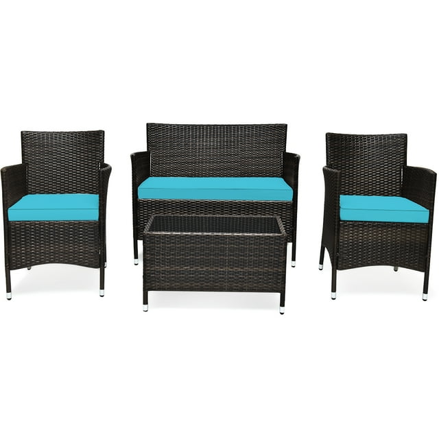 Patiojoy 4PCS Patio Rattan Wicker Furniture Set Sofa Chair Table Set w Turquoise Cushions