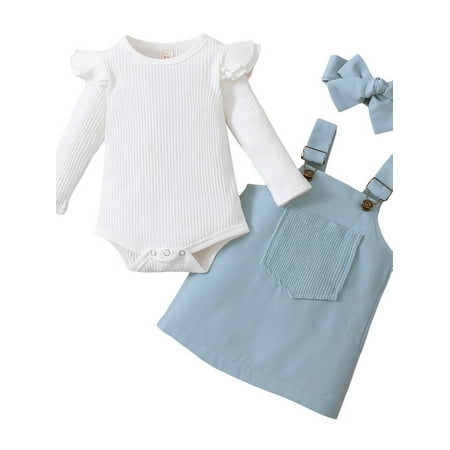

uukiA Infant Baby Girl 0-12 Months Solid Color Long Sleeved Romper Suspender Skirt Headband Three Piece Suit
