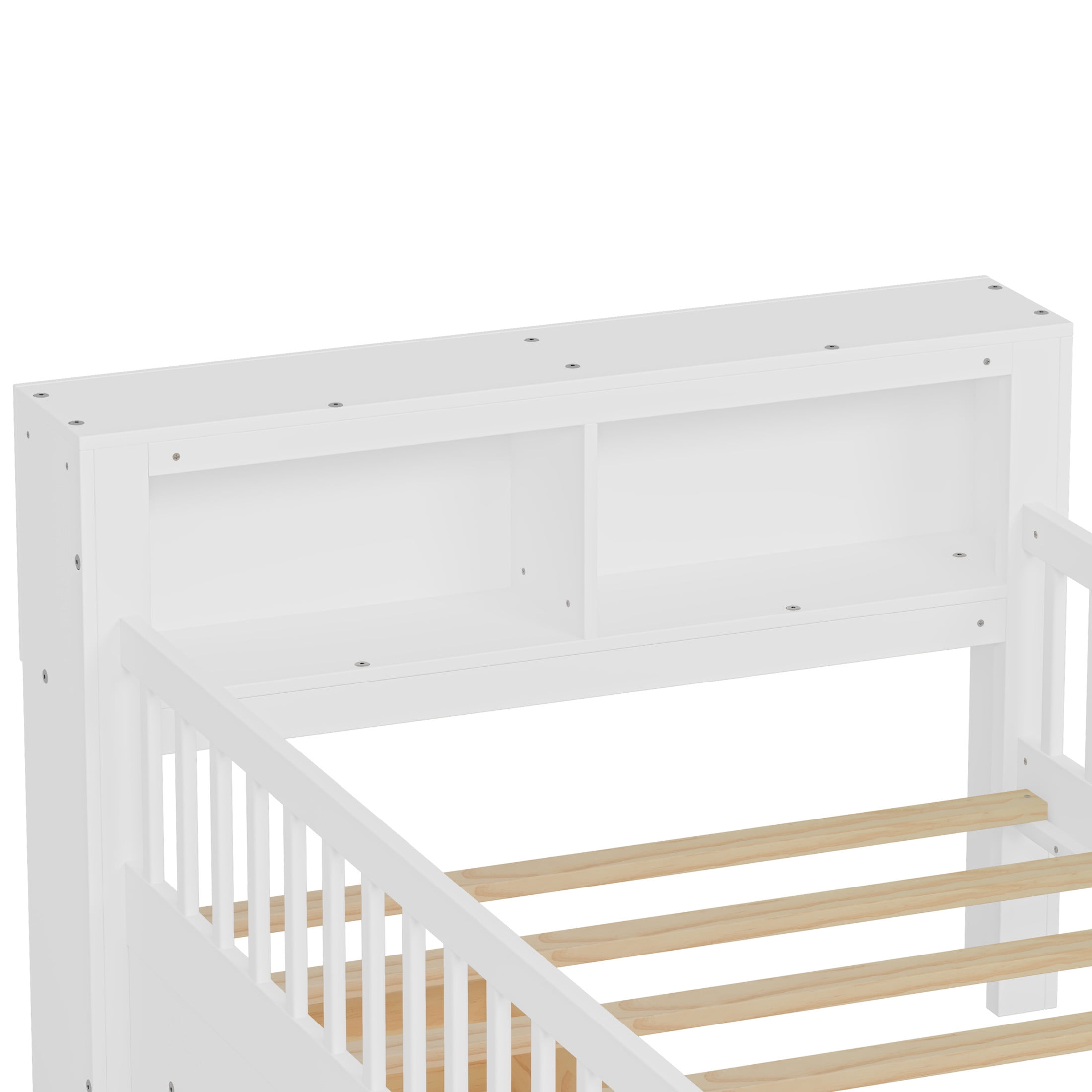 Noble House Twin Bed Frame with Headboard Storage Rack, 2 Drawers, and Safety Guardrails, White